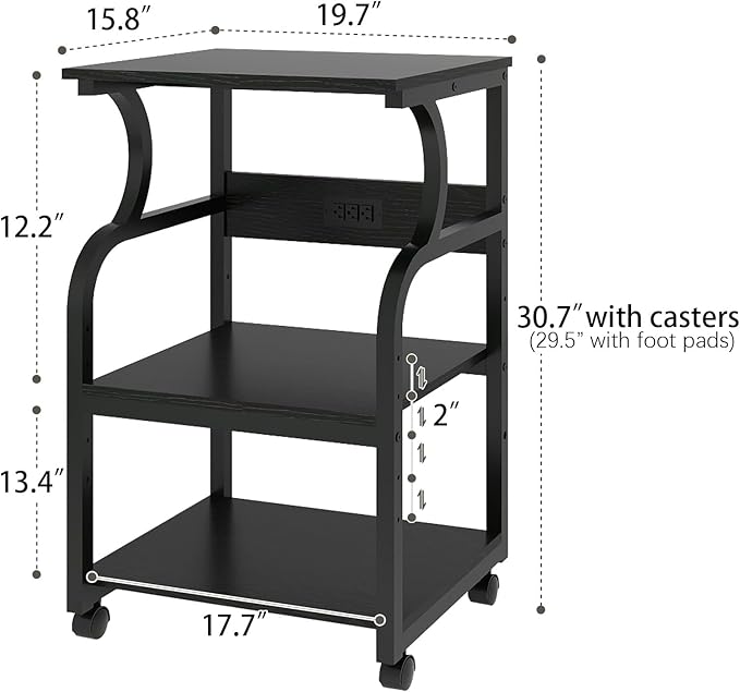 Natwind 3 Tier Printer Stand,Rolling Printer Table with Adjustable Storage Shelf for Home Office Organization,Multifunctional Shelves for Heat Press,3D Printer (Black)
