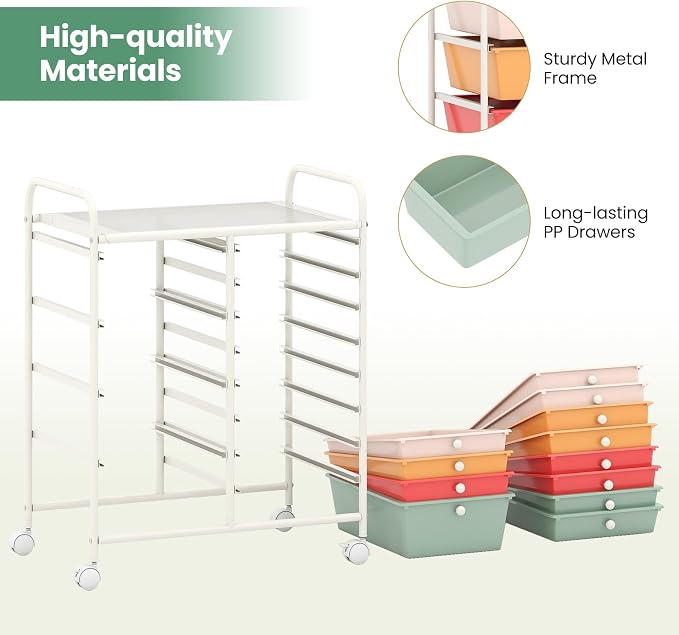 COSTWAY 12 Drawer Rolling Storage Cart, Utility Cart with Metal Frame | Mobile Art Supply Craft Organizer, Multipurpose Storage Organizer for Paper, Office, School Teacher, Classroom, Macaron