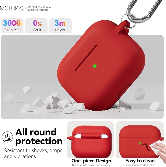 for AirPods Pro 3 Case 2025,Come with Cleaner Kit,Red | Silicone Protective Cover for Airpod Pro 3rd Generation Case with Keychain,for Women Men,One-Piece Design,Shockproof