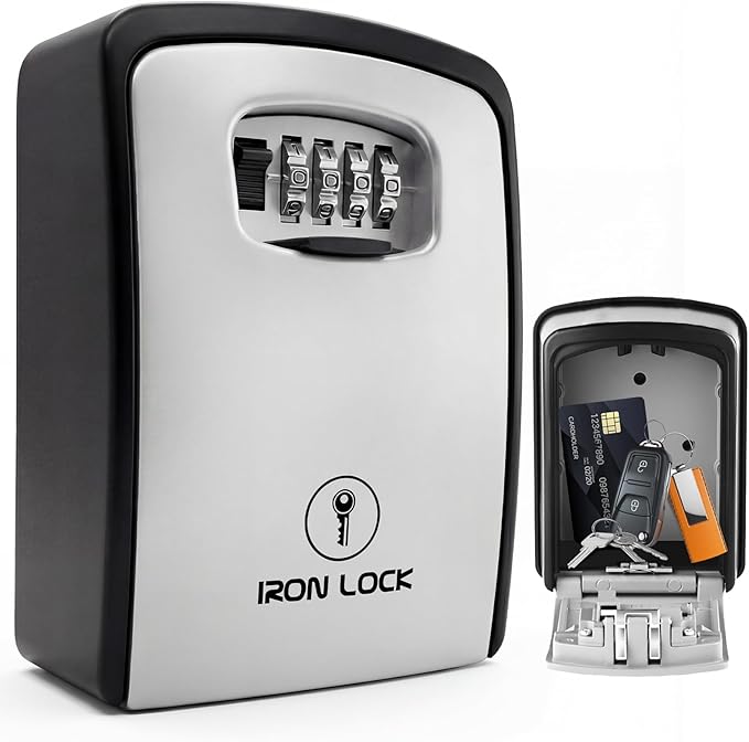 Iron Lock® XXL Wall Mount Key Lock Box, Outdoor Combination Code (Grey) | Fits 20-30 spares plus fobs & cards; unique built-in tray so keys don't fall out; dial cover; screws & anchors included