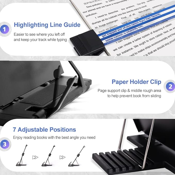 Desktop Document Holder Stand with 7 Adjustable Positions, Black Metal File Organizer Management Copyholder for Typing Speech Reading A4 Letter Music Book Tablet Office, with Paper Clip and Line Guide