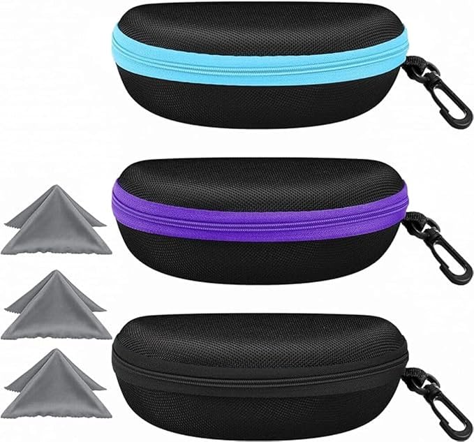 ZONLY 3 Pack Sunglasses Case Portable Travel Zipper Eyeglasses Case Hook With Cleaning Cloth