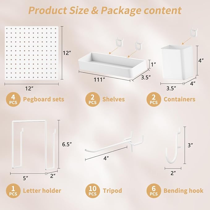 FZK White Modular Plastic Pegboard Wall Organizer Kit, 12x12, 4 Panels | ABS material, wall mount storage kit, includes hooks and shelves, drill free or screw installation, for home decor & office