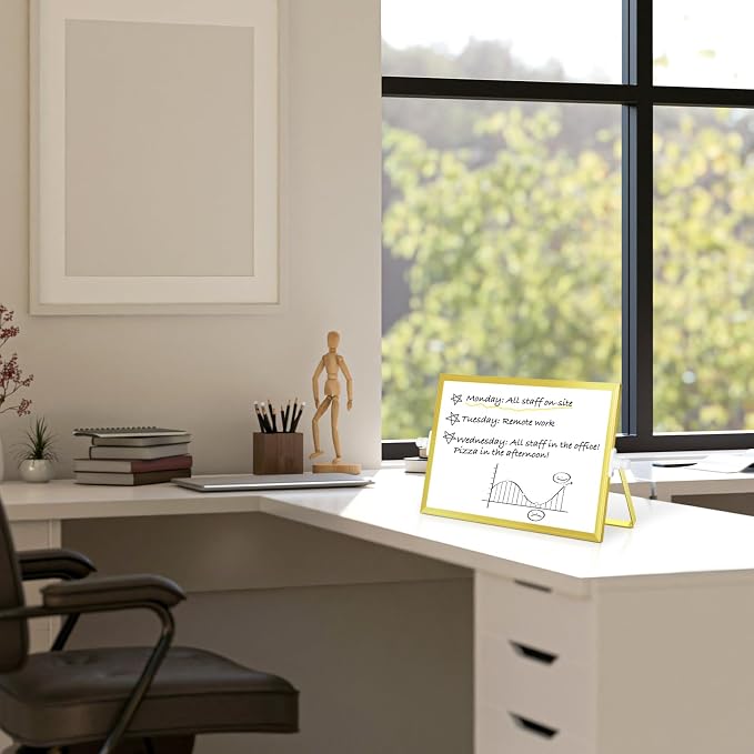 Double-Sided Magnetic White Board with Stand, 12" x 8" (Gold) | Dry Erase Board with Stand, Desktop Whiteboard Easel , Portable Small White board dry erase for Drawing, Office, Home