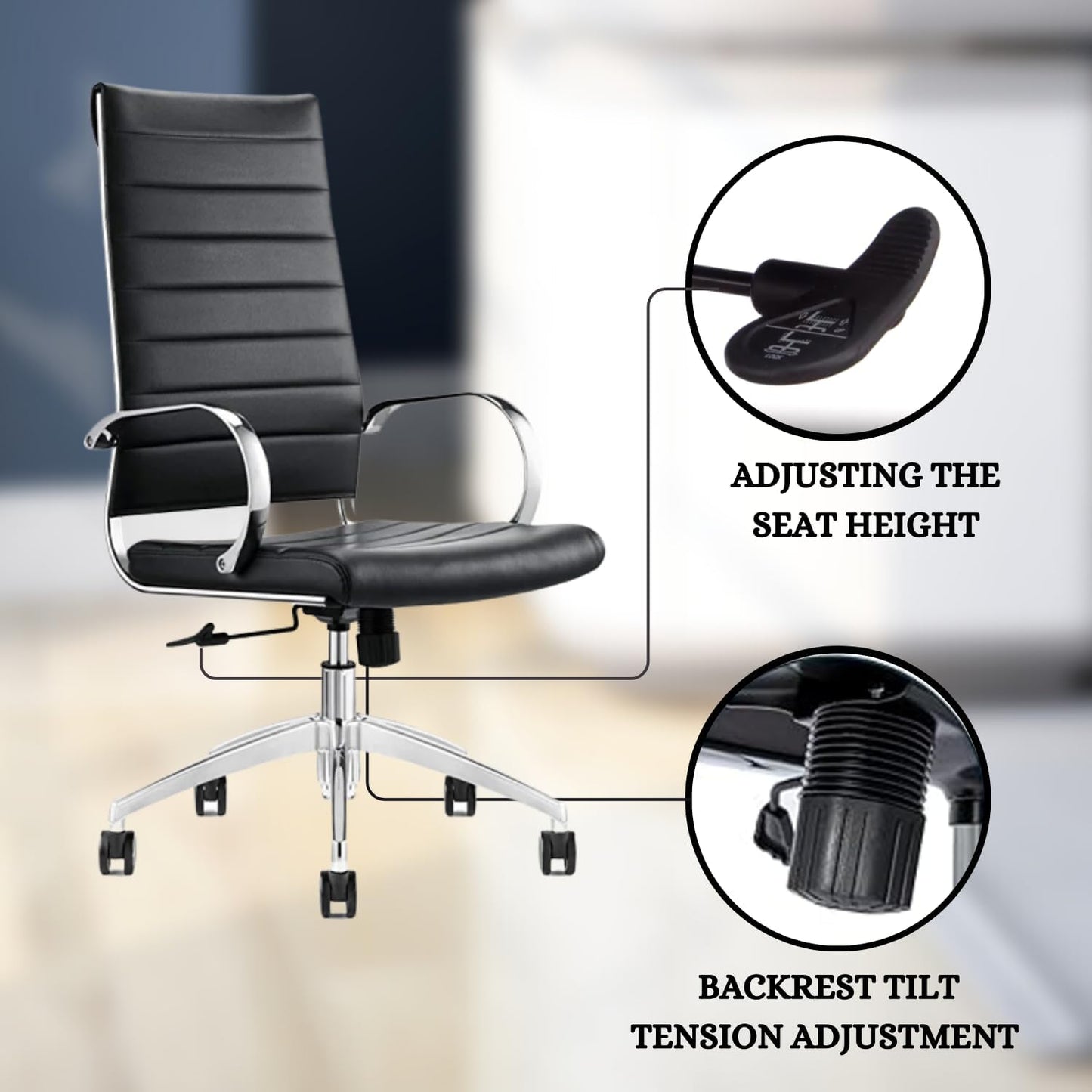Ribbed High Back Conference Room Chairs - Lumbar Support, Modern Style Executive Chair for Home and Office - 360 Swivel Rolling Wheels - Aluminum Chrome Frame & Base - Black (Pack of 8)