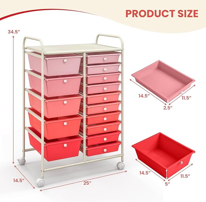 15 Drawer Rolling Storage Cart, Rolling Cart with Drawers for Classroom, Art Supply Craft Organizer on Wheel with Metal Frame & Handles for Home Office School