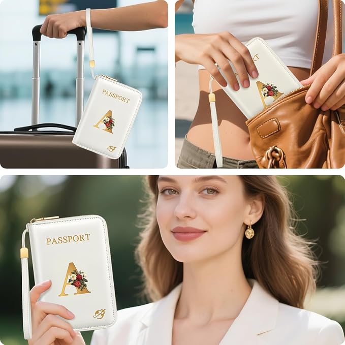 Passport Holder for Travel Personalized Wallet with Wristlet Women | All-in-One Passport Cover, RFID Blocking, Back Coin Pocket, Paper Money Slot, Zipper Closure, Roses Initial Letter, White A