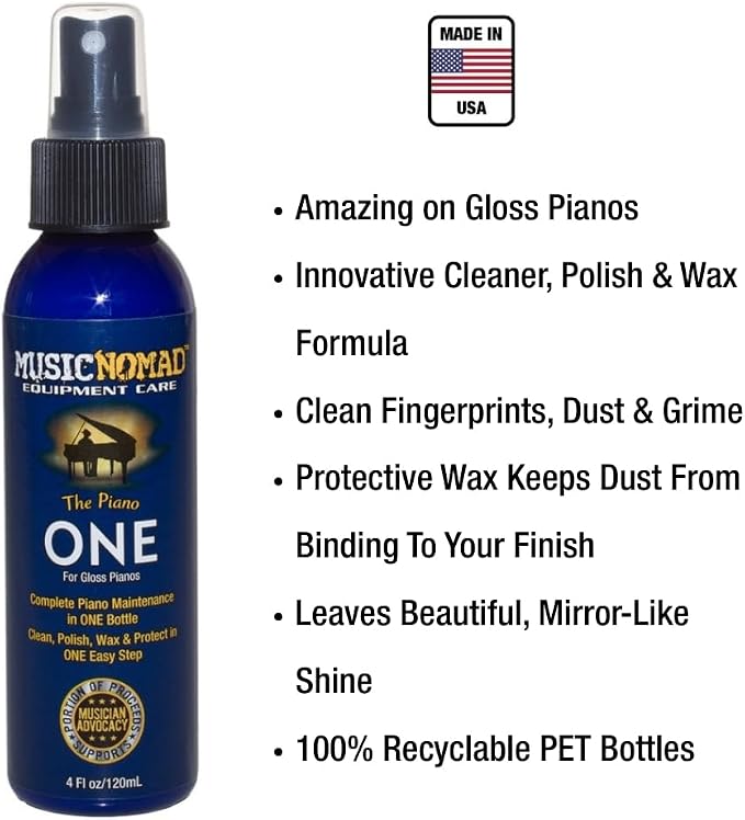 MusicNomad MN130 Piano ONE All-In-1 Cleaner, Polish, & Wax for Gloss Pianos, 4 oz