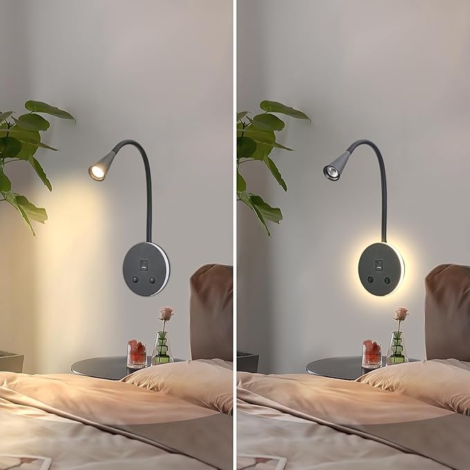 Black Headboard Reading Light with Nightlight, 2 Pack Wall Mounted Reading Lights with Switch, Plug-in Hardwired Reading Lamp for Bedtime Reading, Gooseneck Reading Sconces for Bedroom, Bedside