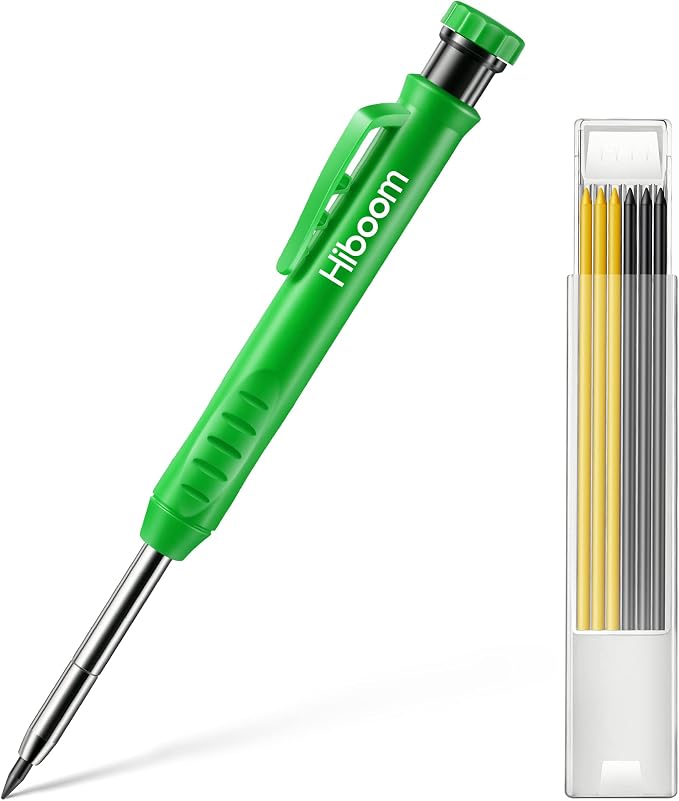 Hiboom Mechanical Carpenter Pencil with 7 Leads, Deep Hole Marker, Green | Built-In Sharpener, Long Nose Construction Pencil, Pocket Clip Design, Woodworking Tools, Marks on Various Surfaces