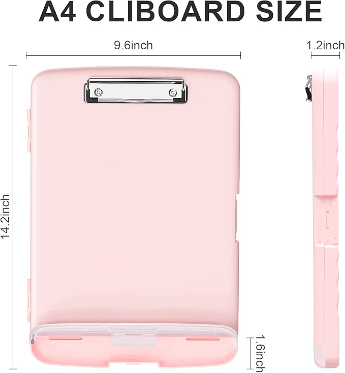 Plastic Clipboard with Storage, 8.5 x 11 Storage Organization Box Side-Opening, Heavy Duty Clip Board with Pen Holder and Paper Folder for Nurses, Teachers, Office & School Supply, Pink