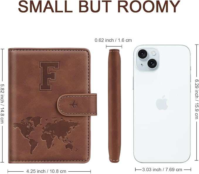 Passport Holder Wallet Cover Personalized Initial Travel Essentials | Embossed Letter A-Z Design, Travel Wallets, RFID Blocking, Passport Book Holders, Women Men, Personalized Gifts, Brown-F