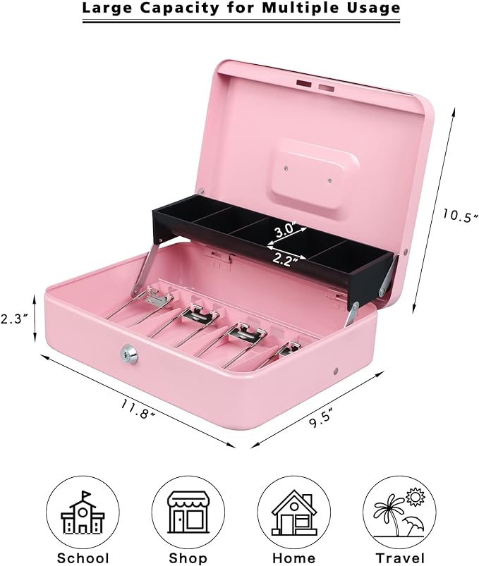 xydled Cash Box with Money Tray and Key Lock,Tiered, Cantilever Design,4 Bill / 5 Coin Slots,11.8" x 9.5" x 3.5",Pink