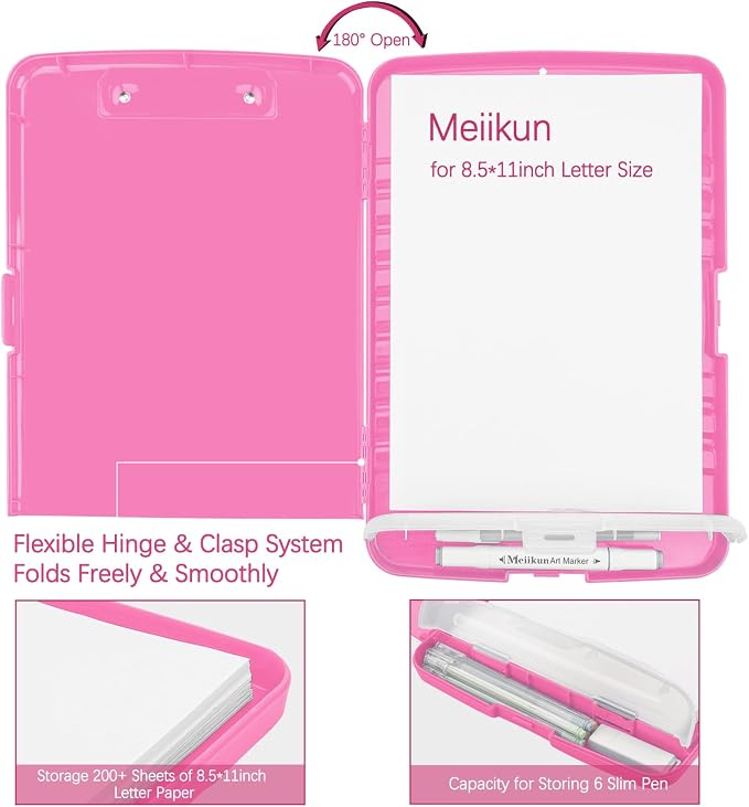 Meiikun Clipboard with Storage, Plastic Clipboards 8.5x11 with Pen Holder, High Capacity Nursing Clipboard Folder, Side Opening Storage Clip Board for Office Work Nurses Teachers (Pink)