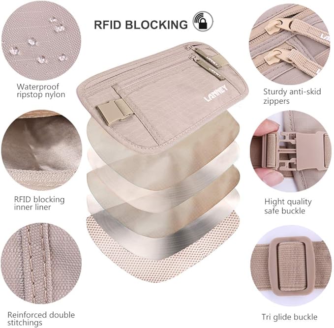 Money Belt for Travel, Slim RFID Blocking Women and Men Hidden Travel Pouch Under Clothes, Passport Holder Protect Cash, Documents, Credit Card, Bonus 2 RFID Sleeves