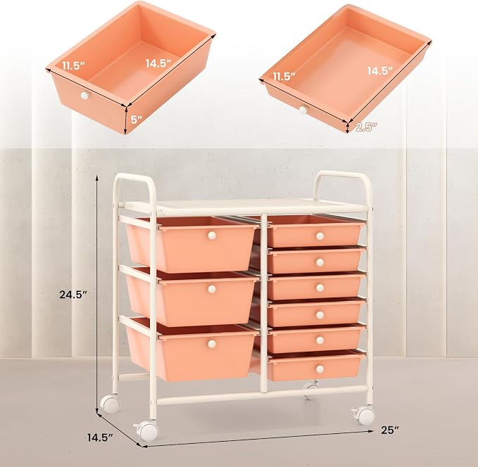 RELAX4LIFE 9 Drawer Rolling Storage Cart - Mobile Drawer Carts for Craft Art Supply Paper Salon, Utility Cart on Wheels for Classroom Teacher School Office, Rolling Cart with Drawers (Pink)