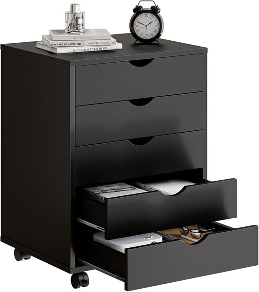 OLIXIS 5 Drawer File Cabinet, Printer Stand with Storage Cabinet | Wood Under Desk Storage Organization Holds Printer, Office Supplies, Not For Hanging Files, Fit Home Office Black