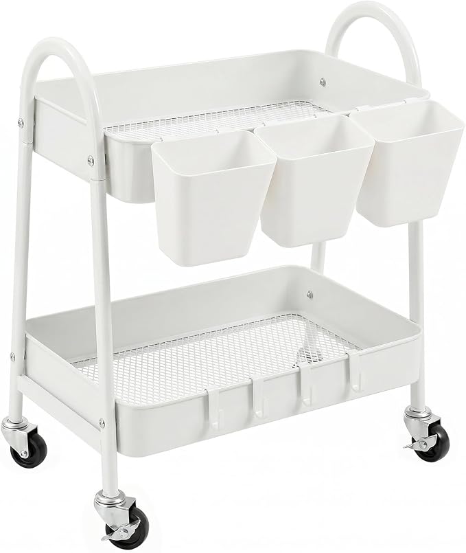 2-Tier Rolling Cart, Utility Cart Mobile Metal Rolling Storage Cart with Lockable Wheels & Hanging Cups & Hooks for Kitchen, Bathroom, Office, Workshop, Purple