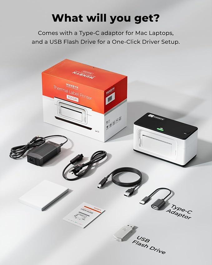 MUNBYN Bluetooth Thermal Label Printer 941B, Wireless 300DPI 4x6 Shipping Label Printer for Small Business, Compatible with Windows, Mac, iPhone, Android, PC, Ebay, Amazon, Shopify, Etsy, USPS (White)