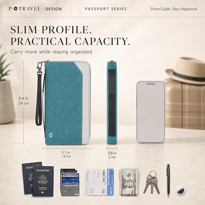 Family Passport Holder for 6, RFID Blocking Travel Wallet with AirTag Holder, Large Travel Document Organizer Pouch for Women Men with Neck Strap and Zipper Pocket