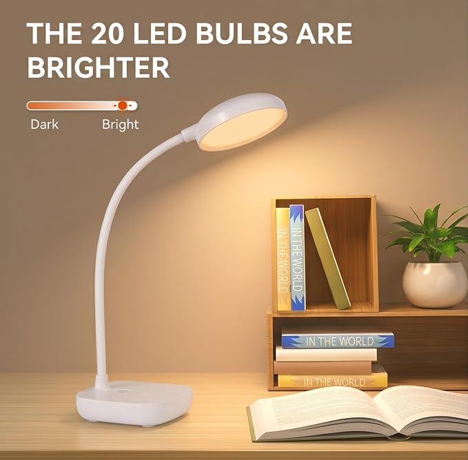 White Small Battery Powered Desk Lamp,Battery operated lamp,5W Rechargeable desk light,3 Colors,Adjustable brightness,360°Gooseneck Hose,Cordless lamps for small spaces,Eye-friendly and Energy Saving