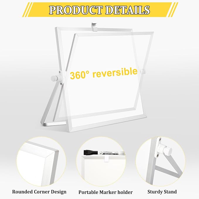 Double-Sided Magnetic White Board with Stand, 10" x 10" | Dry Erase Board with Stand, Desktop Whiteboard Easel , Portable Small White board dry erase for Drawing, Office, Home