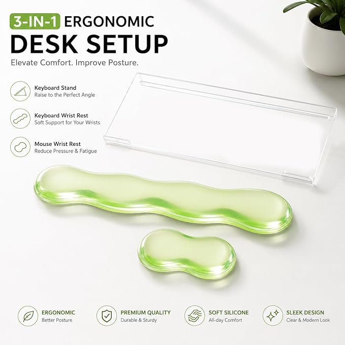 Acrylic Keyboard Stand with Cooling Gel Wrist Rest Set, Clear Ergonomic Keyboard Riser, Tilted Computer Keyboard Holder with Non-Slip Silicone for Mechanical/Wireless Keyboards, Home Office & Gaming