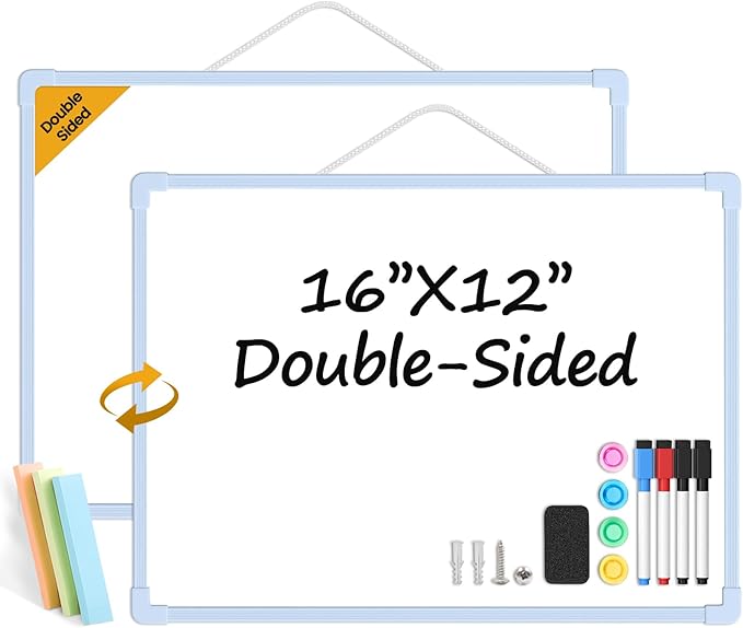 Blue Frame Small Dry Erase Board for Wall, 16" x 12" Double-Sided Hanging Whiteboard with 4 Markers, 4 Magnets and 3 Mini Sticky Notes, Portable Whiteboard for Kids, School, Home, Office