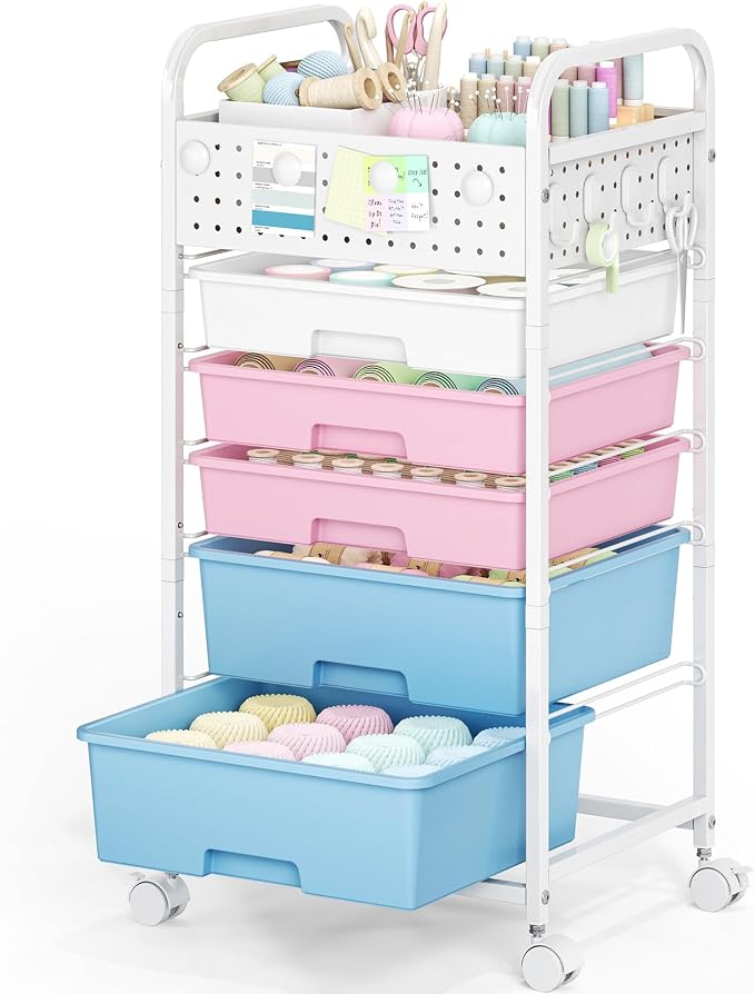 5 Drawer Rolling Storage Cart with Pegboard Top and Hooks, Pink&Blue | Mobile Organizer Cart with Wheels for Office Supplies, Craft Storage, Classroom Organization, Home Utility Cart