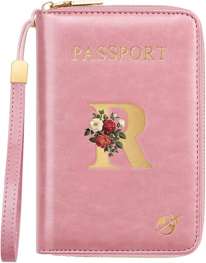 Passport Holder for Travel Personalized Wallet with Wristlet Women | All-in-One Passport Cover, RFID Blocking, Back Coin Pocket, Paper Money Slot, Zipper Closure, Roses Initial Letter, Pink R