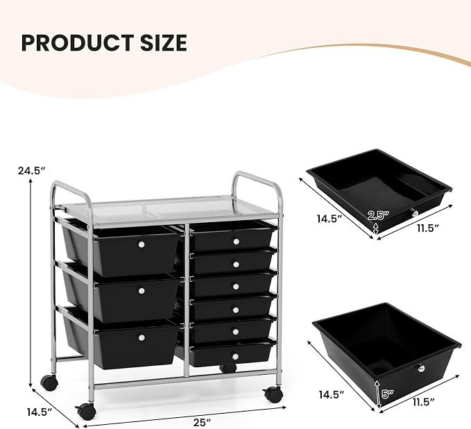 9 Drawer Rolling Storage Cart, Rolling Cart with Drawers for Classroom, Art Supply Craft Organizer on Wheel with Metal Frame & Handles for Home Office School