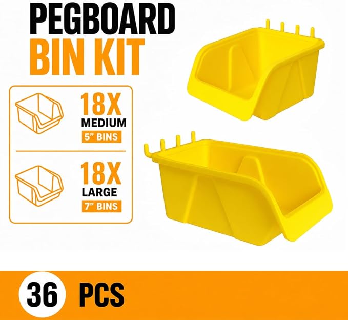WALLPEG 36 Pack Pegboard Bin Kit – 18 Medium & 18 Large Yellow Peg Board Storage Bins | Parts Organizer for Garage, Workshop, Craft Room, Office & Workbench | Pegboard Accessory Organier | MADE IN USA