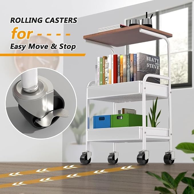 Rolling Cart with Wooden Tabletop, 3 Tier Metal Utility Cart, Rolling Storage Organizer Cart with Lockable Wheels for Kitchen, Office, Bedroom (White)