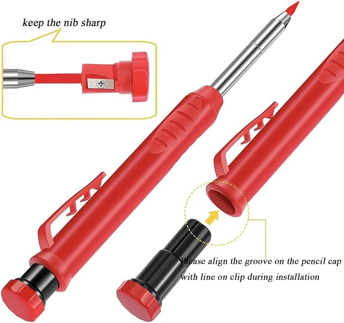 TuTuYa 36Pcs 2.8mm Pencil Refill Red, with 1 Carpenter Pencil w/Sharpener | Waterproof Lead Refills Replacement, Long Reach/Deep Hole/Long Nose for Architect &Carpenter Woodwork Construction Building