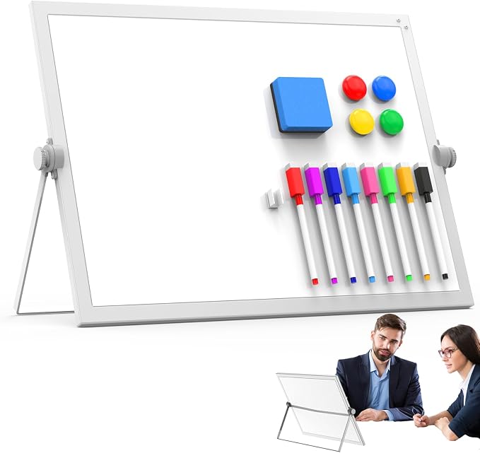 Desktop Whiteboard 16x12 Stand, Double Sided Dry Erase Board Kids | Portable with Handle, Foldable Aluminum Stand, 360° Angle, 8 Markers 4 Magnets 1 Eraser, Smooth Magnetic Surface