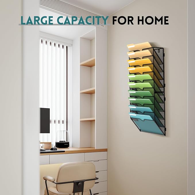 10 Tier Wall File Organizer, Hanging Wall Mounted Mail Organizer with Label Slots, Metal Mesh File Holder Magazine Rack for Office, Home, School or Classroom, Black