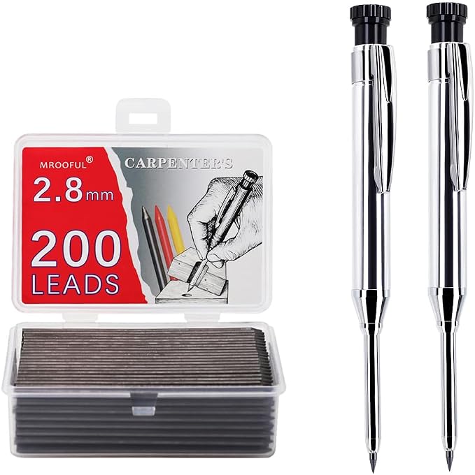2.8mm Metal Carpenter Marking Pencils 2 Pack with 200 Refill Leads, Built-in Sharpener Tool Pencil for Woodworking, Deep Hole and Jobsite Marking, DIY, Cabinetry and Carpentry Projects (Silver)