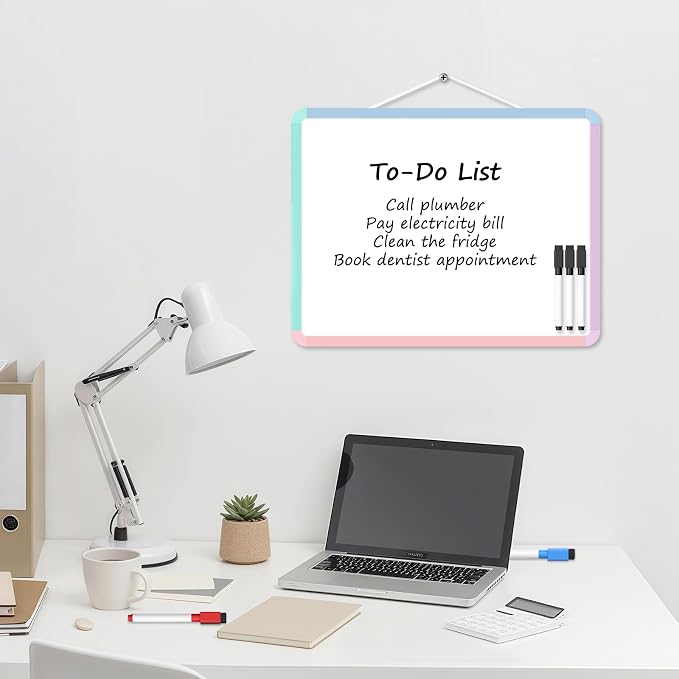 Small Wall White Board, 11" x 14" Mini Double-Sided Magnetic Dry Erase Board with Plastic Frame, Hanging Whiteboard with 5 Markers for Kids Students School Kitchen Home & Office, Colorful