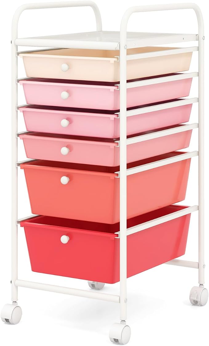 COSTWAY 6-Drawer Rolling Storage Cart, Art Craft Tools Organizer on Wheels | Multifunctional Heavy Duty Utility Mobile Storage Trolley w/ 2 Lockable Wheels for Home Office School (Mixed Pink)
