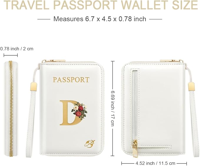 Passport Holder for Travel Personalized Wallet with Wristlet Women | All-in-One Passport Cover, RFID Blocking, Back Coin Pocket, Paper Money Slot, Zipper Closure, Roses Initial Letter, White D