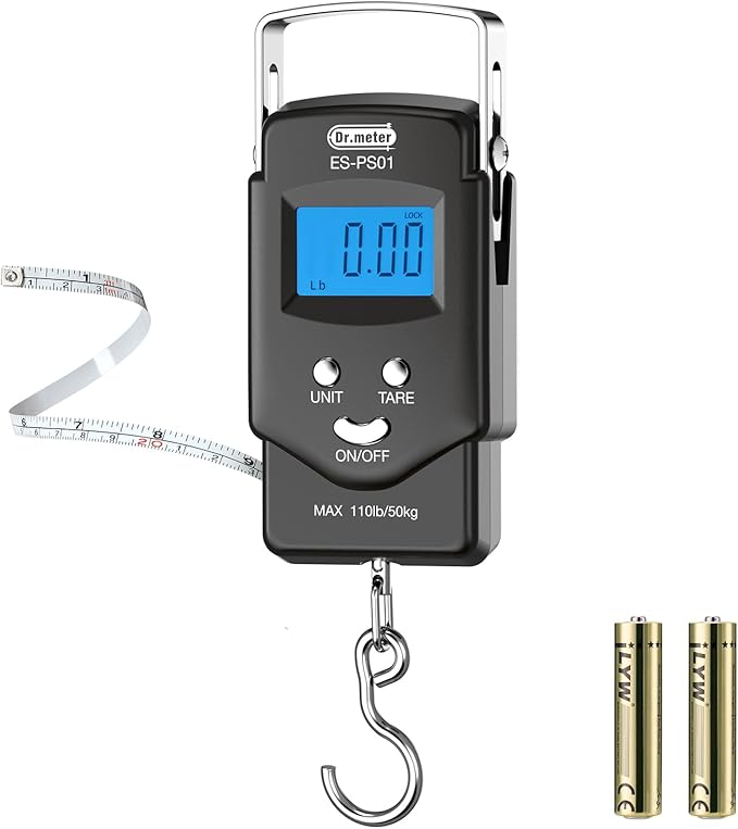 Dr.meter Fish Scale, 110 lb Digital Luggage Scale with Tape | 110 lb Capacity, Backlit LCD, Built-In Tape, Includes 2 AAA Batteries, Compact Pocket Size
