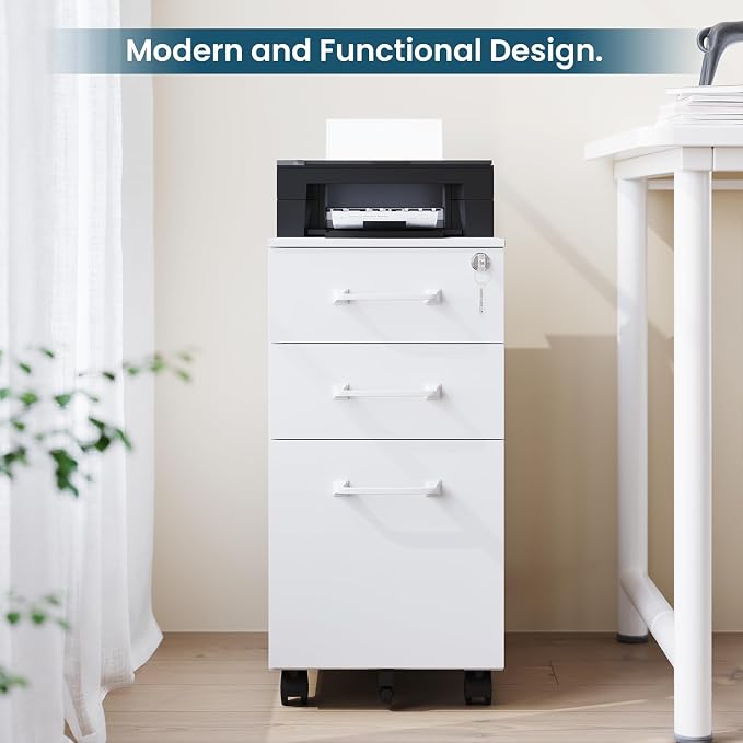 MIIIKO White Filing Cabinet 3 Drawers Under Desk, Metal File Cabinet with Lock for Home Office, Small Mobile File Cabinet for Letter Legal File Folders（Un-Assembled）