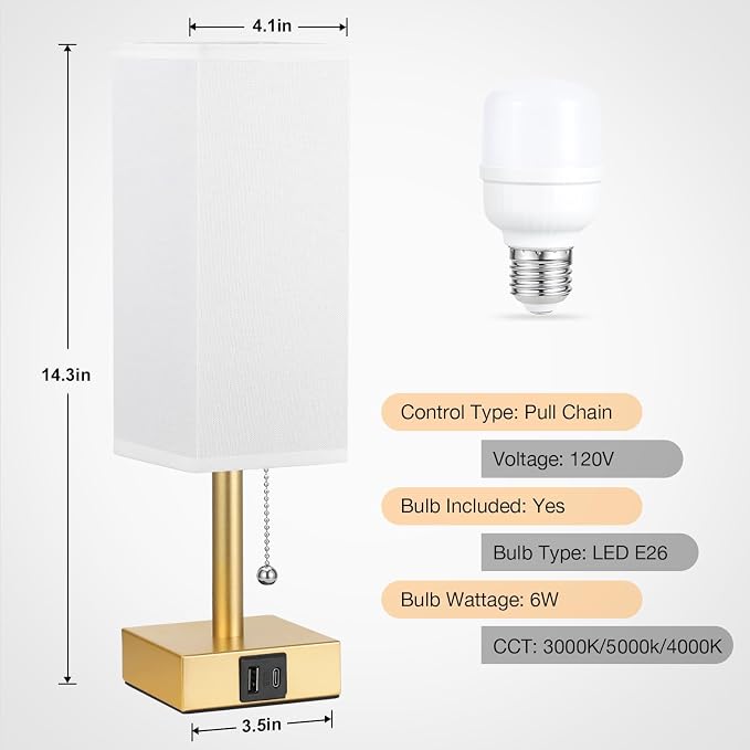 Gold Bedside Table Lamp for Bedroom - Desk Lamp For Nightstand, USB C+A | Pull Chain Lamp, 3 Color Modes(3000K/4000K/5000K), E26 LED Bulb Included, Square White Fabric Lampshade, for Read, Work, Dorm