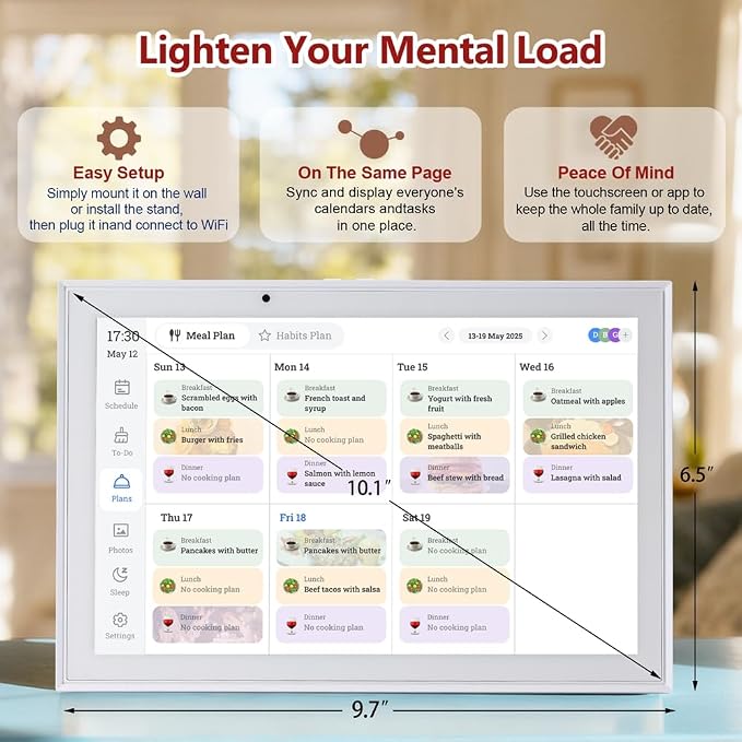 Digital Calendar 10.1 Inch Smart Electronic Planner, IPS Touch Screen, 32GB, Electronic Slideshow, Wall-mounted with Third-Party Calendar Sync, Chore Tracker, Meal Plan & Photo Display, Gifs for Mom
