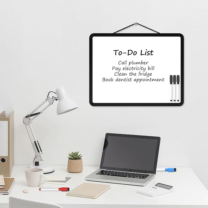 Small Wall White Board, 11" x 14" Mini Double-Sided Magnetic Dry Erase Board with Plastic Frame, Hanging Whiteboard with 5 Markers for Kids Students School Kitchen Home & Office, Black