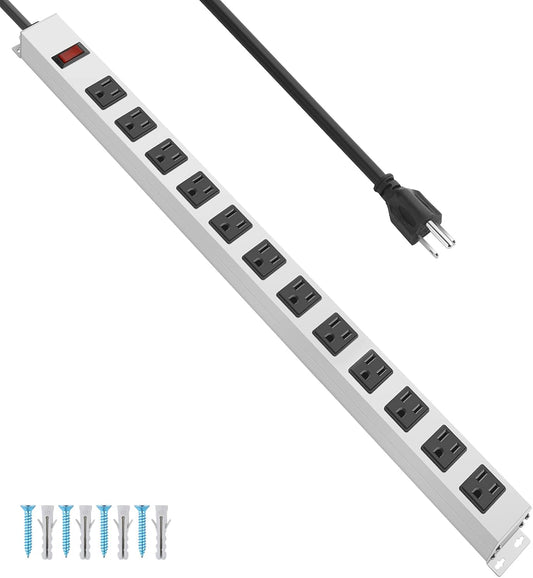 JUNNUJ Metal 12 Outlet Power Strip, Mountable Heavy Duty Power Strip, 1200J Surge Protector Wall Mount Screws Outlet with Switch, Gaming Desk Strips Wide Spaced 15A 125V 1875W, 6 FT 14AWG Power Cord