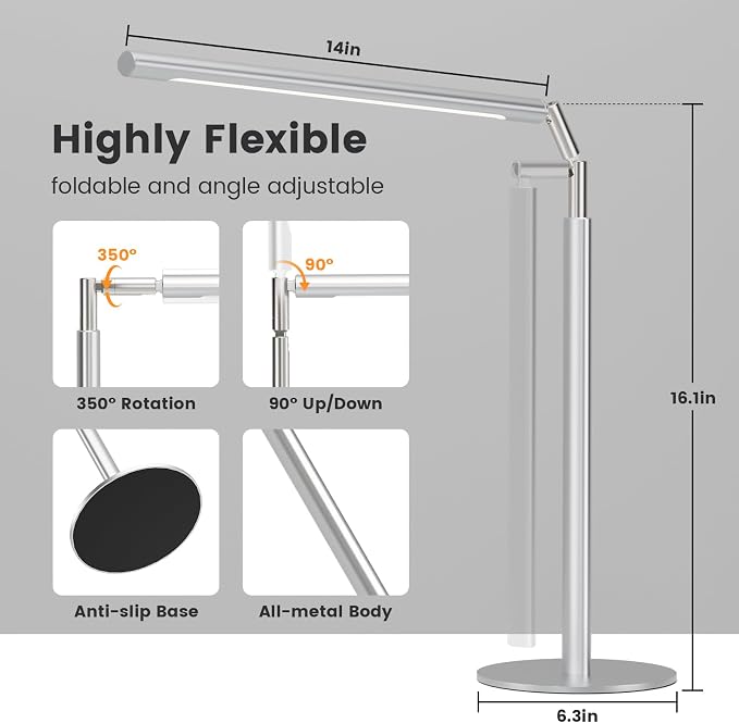 Silver LED Desk Lamp, 16" Dimmable Metal Desk Light with Base, 15W 1200LM, Adapter Included, Color & Brightness Adjustable, Modern Tall Table Lamp for Home Office Reading Study Task Laptop