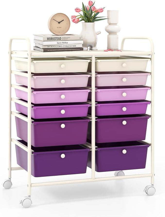 12 Drawer Rolling Storage Cart, Craft Cart Organizer on Wheels with Metal Frame, Large Capacity & Smooth Drawers for Living Room, Classroom, Office (Gradient Purple)