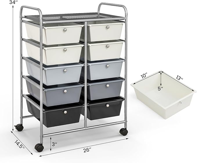 BECOMFORT 10-Drawer Rolling Cart with Drawers, Storage Cart on Wheels, Teacher Classroom Organizers with Metal Frame, Mobile Craft Cart, Trolley Utility Cart for School Office Play Room