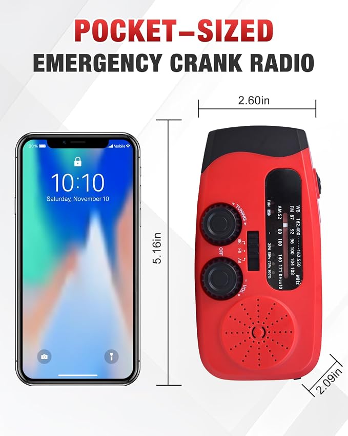 Hand Crank Radio with AM/FM/NOAA Weather Band,for Emergencies, Camping | 3 LED Flashlights,SOS Function,Solar Powered,Hand Cranked, 2000mAh/7400mWh Charger,for Power Outage - Red